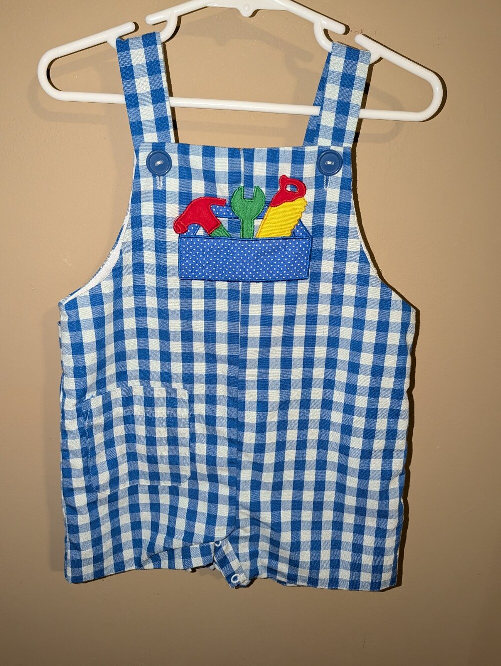 VINTAGE Blue Gingham Tool Applique Shortalls